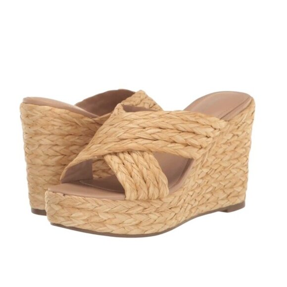 Marc Fisher Beige Lynn Criss-Cross Boho Slip On Wedge Platform Sandals Size 9.5 - Picture 1 of 7